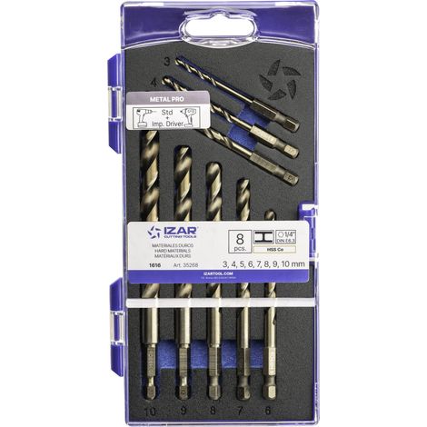 Broca Set 3-4-5-6-7-8-9-10 mm HSS Co Hexagonal 1/4 Larga DIN E6.3 Metal -1616- IZAR (1/4)