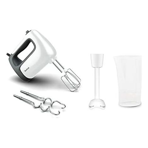 Tefal HT4611 Prep'Mix+ - Miscelatore manuale (500 Watt, 5 velocità + turbo, accessori inclusi: 2 sbattitori, 2 ganci per impastare, frusta, misurino), colore bianco e nero (1/5)