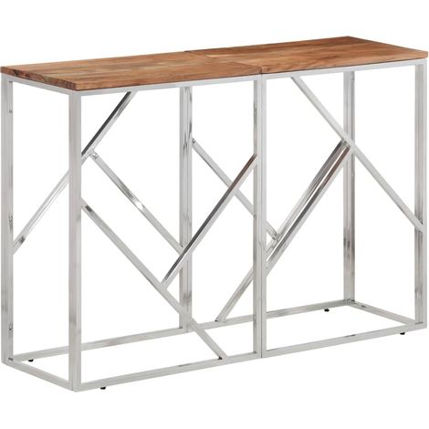 vidaXL Mesa consola acero inoxidable y madera maciza acacia plateada (1/5)
