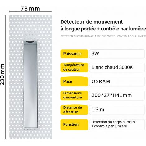 Spot LED Encastrable Sans Bordure 500 g Modèle rectangulaire allongé à détection et contrôle crépusculaire 4000k lumière neutre Escalier Plinthe – Livraison gratuite