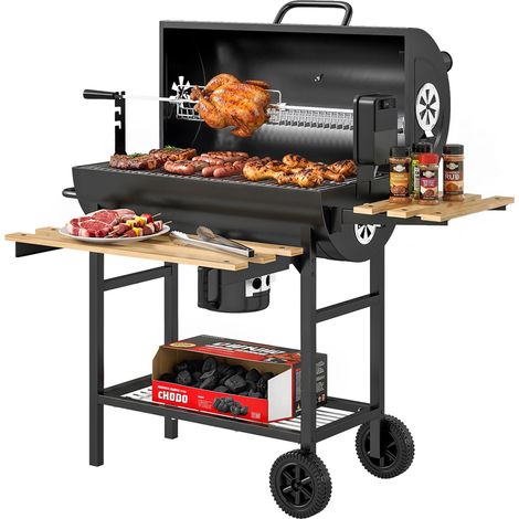 Barbecue portable au charbon de bois avec grille électrique, étagères pliables, roulettes et thermomètre. (1/5)