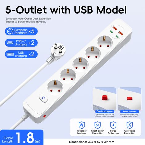 Multiprise à 5 prises, avec port de chargement USB, 2 ports USB-A et 2 ports Type-C, 1,8 mètre de long, blanche. (1/3)