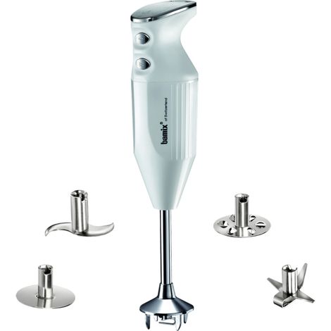 bamix Batidora de mano M350 MAXX con multicuchilla, Cuchilla carne/verduras, Mezclador, Disco giratorio de acero inoxidable, 350 W, 2 veloc., Made in Switzerland, Blanco/cromado (1/4)