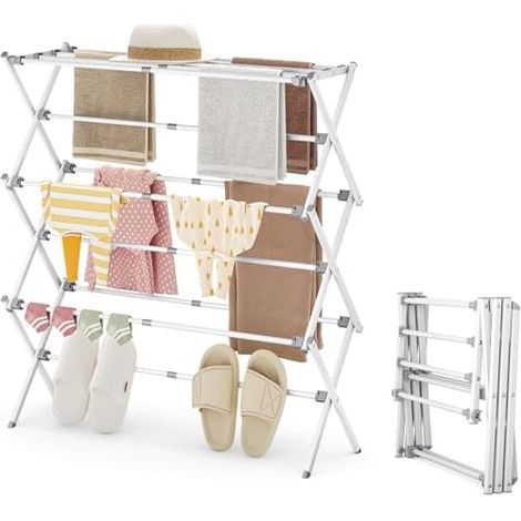 Tendedero plegable de 3 niveles para interiores - Tendedero extensible para exteriores que ahorra espacio - Metal resistente para uso en interiores y exteriores, blanco (1/5)