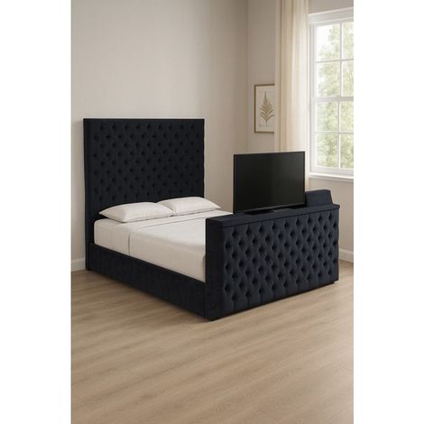 Lit coffre TV Vittorio 160x200 cm – Velours capitonné noir – Coffre volumineux avec vérins hydrauliques – Mécanisme TV motorisé (1/4)