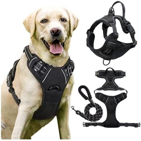 Harnais Chien Anti Traction, pour Chien Facile à Mettre Harnais Réfléchissant Réglable avec Attache Devant Harnais pour Chien Moyen, Large, Couleur Noir-Ensoleillé - (1/4)