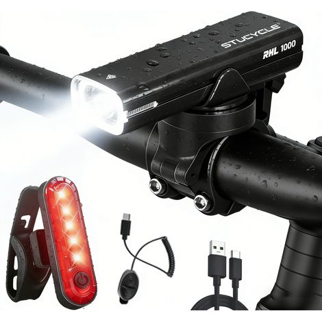 Lampe Vélo Rechargeable, Lumiere Velo, IPX6 Étanche, 1000 Lumens, 4 modes, Éclairage Vélo avec Avertisseur Sonore & Feu Arrière (1/5)