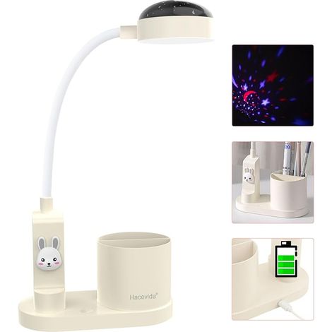 Schreibtischlampe Kinder Jungen/Mädchen, Nachttischlampe mit Stifthalter, LED Tischlampe mit Automatischem Farbwechsel, Dimmbare Wiederaufladbare LED-Leselampe für Kinder (Weiß)