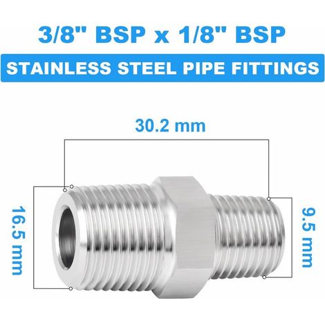 Zweiteiliges Reduzierstück aus Edelstahl 304 mit Außengewinde und Sechskantanschluss, 3/8" x 1/8" BSP-Gewinde-Reduzieradapter für Sanitär-, Wasser- und Gasleitungen (1/4)