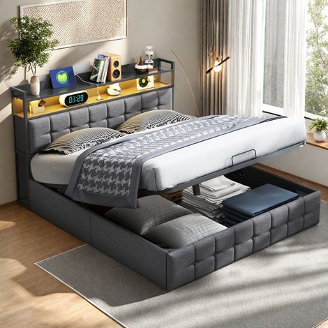 Lit coffre 140 x 190 cm, lit 140x190 avec sommier, lit adulte avec port USB et LED, cadre de lit, avec tete de lit, Gris, lin