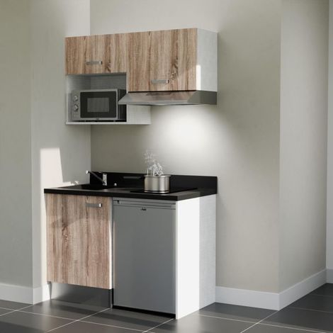 Kitchenette K02L - 120 cm - plan monobloc évier intégré Nero- évier à gauche - Façades Bois + Electroménager inclus coloris Inox (1/5)