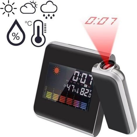 Baromètre Réveil projection, Station météo plafond numérique LCD calendrier projecteur de temps hygromètre de température LED - Noir (1/4)