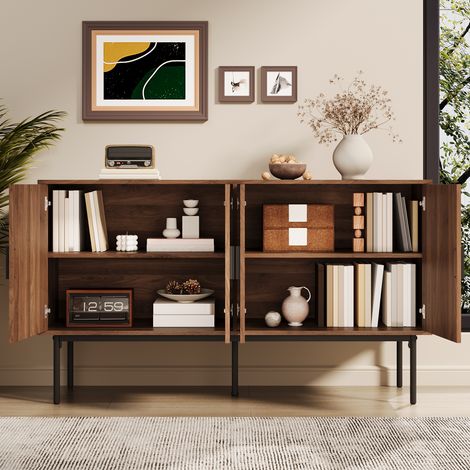 Buffet moderne et épuré, armoire de rangement avec étagères, meuble TV ou console pour salon, ensemble de 1 pièce, dimensions 140 x 40 x 80 cm, bois et métal, finition grise et noire. (1/5)