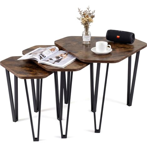 COSTWAY Set 3 Tavolino Salotto Caffè Soggiorno Tavolo Divano Mobile Tavolinetto Sala Fumo Legno Metallo Appoggio Design Incastro Sovrapponibile Impilabile Tri (1/5)