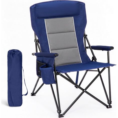 Chaise de camping pliable - 225 kg - Rembourrée - Avec appui-tête - Porte-gobelet - Chaise de pêche pliable XXL avec accoudoirs - Bleu (1/5)