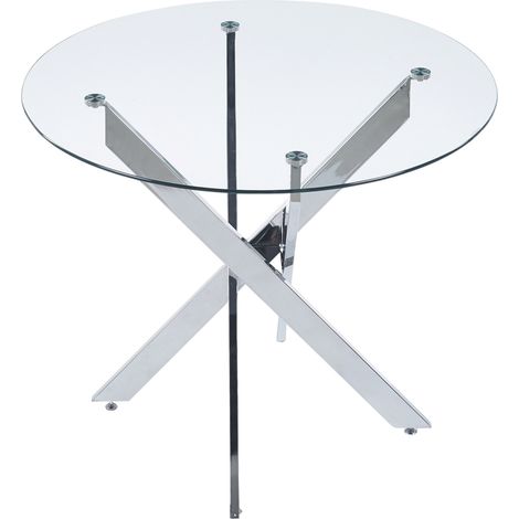 Table à manger en verre ronde avec pieds croisés en métal chromé, style moderne et gain de place pour cuisine ou salon, finition argentée - CHICFURN (1/5)