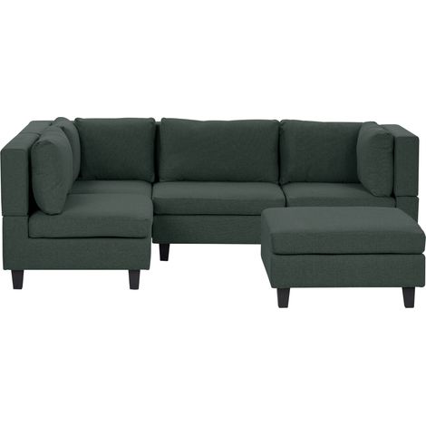 Sofá modular esquinero moderno 4 plazas tapizado tela patas negras respaldo acolchado derecho con otomana verde oscuro Unstad