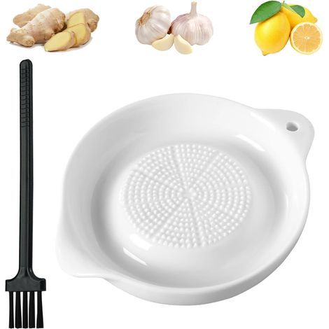 Rallador de ajo y jengibre, plato de cerámica con cepillo de limpieza, perfecto para frutas, verduras, especias y comida para bebés – Blanco (1/5)