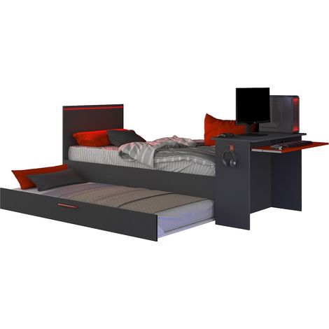Lit gigogne gamer2 x 90 x 200 cm - Avec bureau - LEDs - Anthracite et rouge + Sommier - VOUANI (1/4)