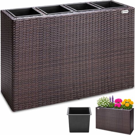 Bac à fleurs en polyrotin Jardinière 4 compartiments 95x27x60 cm Pot de fleurs Bac intérieur extérieur Brun