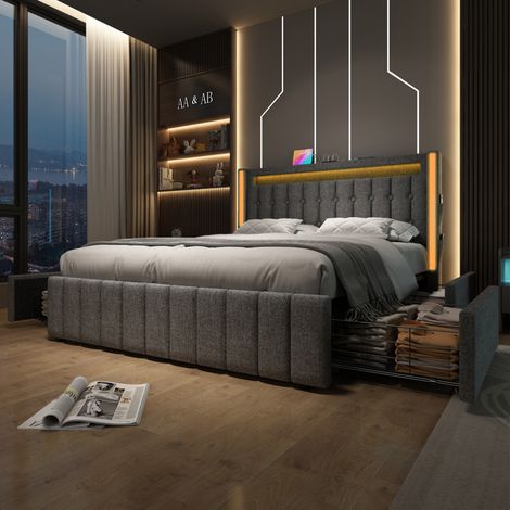 MEUBLIV Lit rembourré avec charge USB type C et éclairage LED 4 tiroirs lit double 160 x 200 cm gris pour chambre ado (1/5)