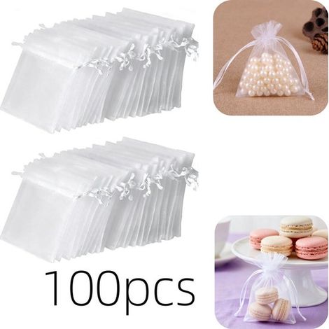 Sachets cadeaux lot de 100 de 9 x 12 cm - pochettes à cordon pour bonbons et perles, blanches (1/5)
