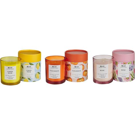 Set di 3 candele profumate 100% cera di soia stoppino di cotone vetro fragranza floreale erbe orientali rosa/loto/melissa COLORFUL BARREL