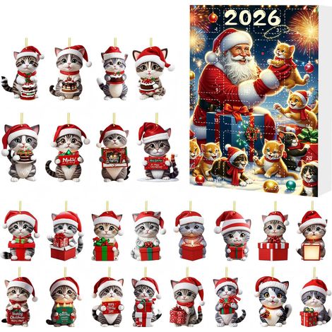 Calendrier de l'Avènement du Chat de Noël, Boîte Surprise, Ornement Chat en Acrylique, Décoration de Sapin de Noël, Coffret Cadeau (Type B) (1/2)