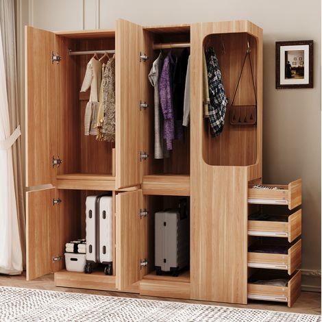 Armoire ouverte 140 x 40 x 170 cm avec tiroirs et rangements, couleur bois naturel, REDOM (1/5)