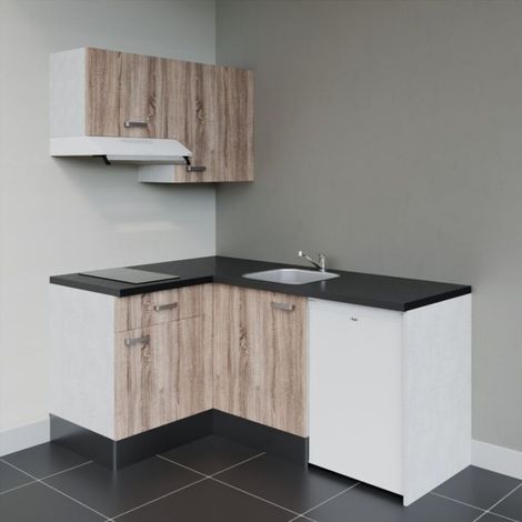 Kitchenette d'angle KA02L-PT électroménager inclus - Façade Bois - Plan Noir texturé - Evier Inox - Crédences Non + Electroménager inclus coloris Blanc (1/4)