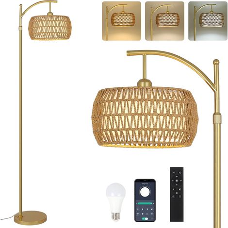 Gold Lampadaire Salon, Lampadaire en Rotin à Intensité Variable avec Télécommande, Contrôle App, Lampadaire avec Abat-jour en Rotin, Lampadaire Boho pour Chambre, Bureau (ampoule incluse) (1/5)