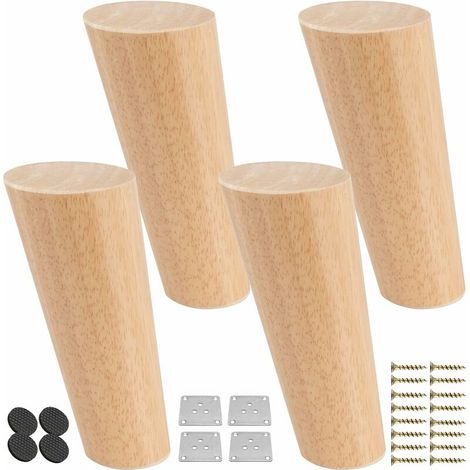 25CM Pieds De Meubles En Bois,  4 PCS Pieds De Table Inclinés Coniques Avec Plaque de Montage & Vis,Remplacement Pieds De Lit En Chêne Pour Canapé Chaise Cabinet Fauteuil Armoire,Naturel Vernis