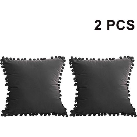 Housses de coussin décoratives à pompons, en velours doux et uni, 45 x 45 cm, pour canapé, chambre ou voiture, lot de 2 (1/4)