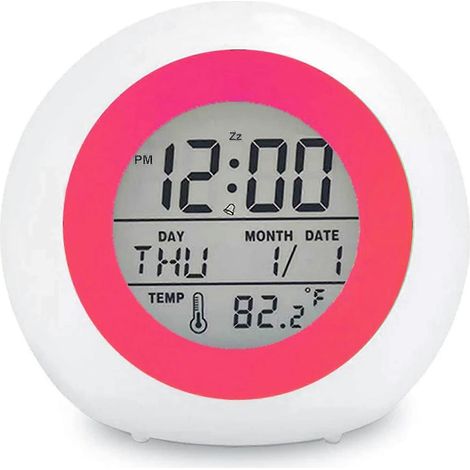 Réveil numérique pour enfants avec veilleuse 7 couleurs, fonction snooze, détecteur de température et couleur rose rouge