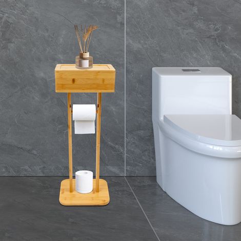 【Chauffage et ventilation】Porte Papier Toilette Debout en Bambou avec Boîtier de Rangement, Porte Rouleau sur Pied, Couleur Bois, sans Perçage Requis (1/5)