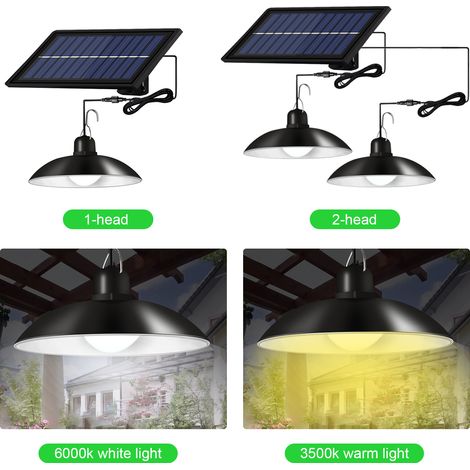 Plafonnier solaire à LED dimmable avec 2 têtes d'éclairage, lustre de terrasse, lampe suspendue, télécommande et minuterie, étanche IP65, pour éclairage intérieur et extérieur.