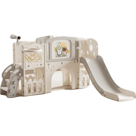 Scivolo per bambini, canestro da basket, lavagna da disegno, bianco (1/2)