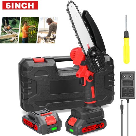 Mini Tronconneuse à Batterie, 6 Pouces Tronçonneuse Électrique Sans Fil 21V/1300mAh , Chaîne, Pour le Jardinage, Idéal Extérieur & Jardinage,rouge