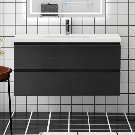 100cm Waschtisch mit Unterschrank Badezimmer keramik-Waschbecken mit Unterschrank Schwarz Hochglanz (1/5)