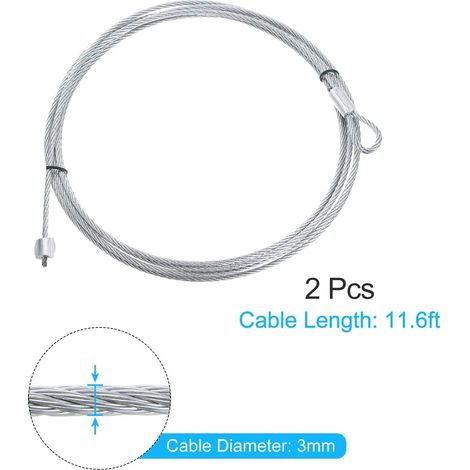câbles de porte de garage de 3,5 mètres (11,6 pieds), câble à ressort de torsion de 3 mm de diamètre, acier galvanisé (1/4)