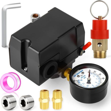 1 Vanne De Commande Pressostat Compresseur Air 4 Voies Manomètre 0-14Bar Soupape Sécurité 7-10Bar