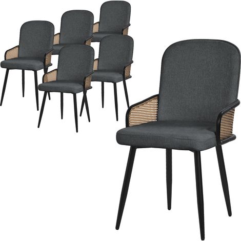 ML-Design Set di 6 Sedie da Sala Pranzo Antracite con Rivestimento in Tessuto, Gambe in Metallo, con Braccioli Effetto Rattan, Poltrona Imbottita, Poltroncina Ergonomica da Soggiorno e Cucina