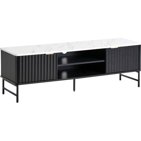 Mueble TV moderno 140 x 40 cm MDF almacenaje aparador negro efecto mármol Glastonbury