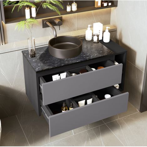 Meuble de salle de bain mural 80 cm avec vasque en céramique, 2 tiroirs, noir et gris HAVRYA (1/5)