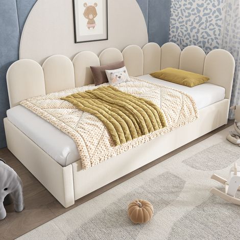Lit de jour rembourré 90x200 cm, canapé-lit avec lit gigogne 90x190 cm, lit pour enfant avec sommier à lattes, velours, beige, sans matelas (1/5)