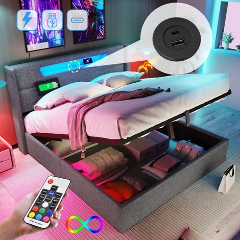Lit double 140x200 – LED intégrée + USB-C – Coffre hydraulique – Lin respirant – Sommier lattes inclus – Sans matelas – Style enfant (1/5)