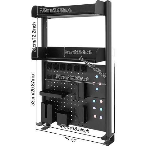Organisateur de bureau à livres, design à 2 niveaux, arrière en panneau perforé, noir (1/2)