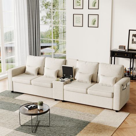 4-Seater Modern Linen Sofa with Storage Console & Charging Ports - Minimalist Couch with Side Pockets, Cup Holders (USB/Type-C) for Living Room/Apartment/Office, Beige (1/5)