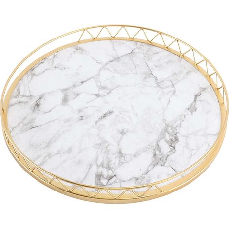 Plateau de Service en marbre, Plateau décoratif de vanité, Assiettes Rondes Multi-usages pour cosmétiques, Plateau Organisateur de Bureau pour Table, Blanc Grand (1/5)