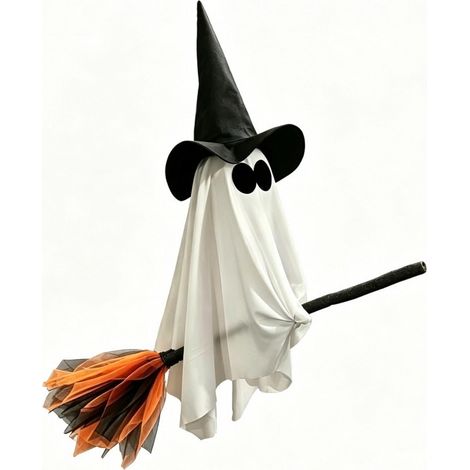 Lighted Flying Ghost Broom Pendant, Halloween Outdoor Window and Courtyard Atmosphere Decoration, Silk Fabric - White - No Light